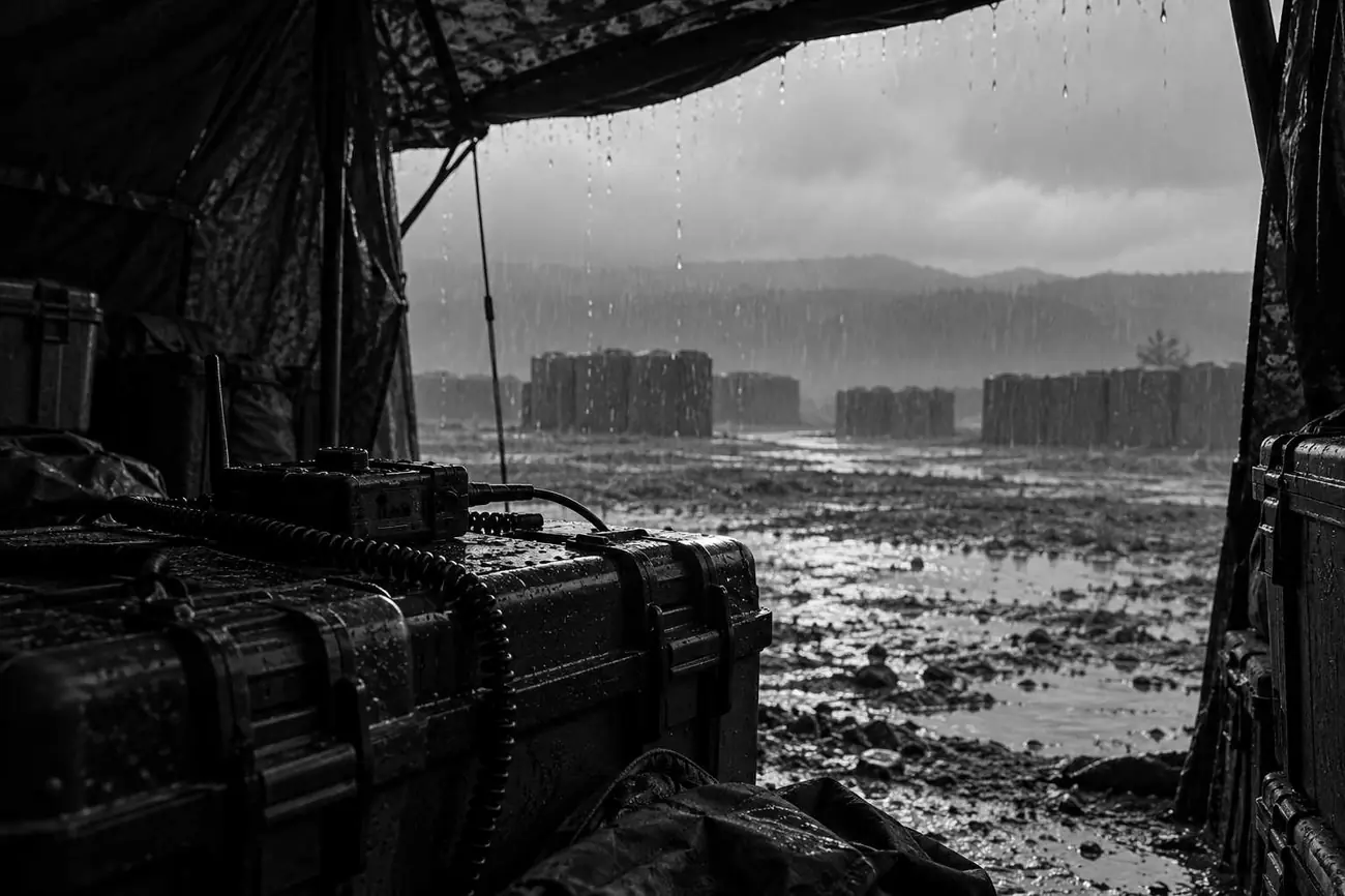 Vista de dentro de uma barraca militar para um campo de lama sob chuva